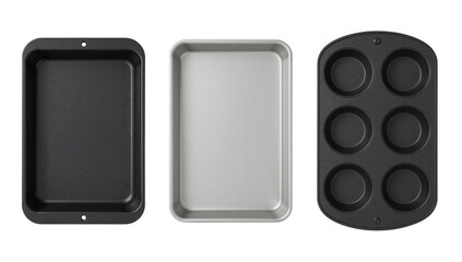 Baking pans set metal bakeware muffin pan cookie sheet oven tray kitchen cooking utensils for cakes and bread on transparent background