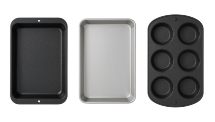 Baking pans set metal bakeware muffin pan cookie sheet oven tray kitchen cooking utensils for cakes and bread on transparent background