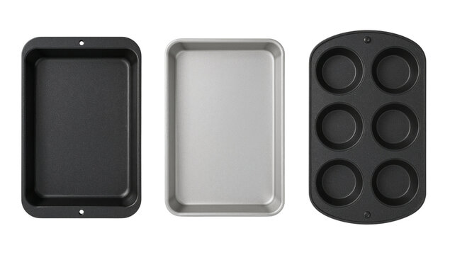 Baking pans set metal bakeware muffin pan cookie sheet oven tray kitchen cooking utensils for cakes and bread on transparent background