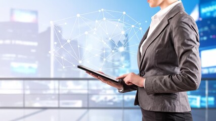 Business woman using tablet with global network graphic - Powered by Adobe