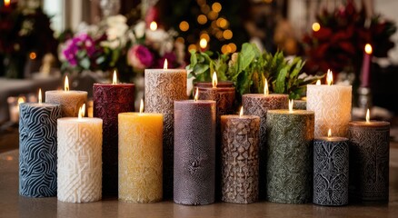 Candles in various colors and textures,  glowing warmly
