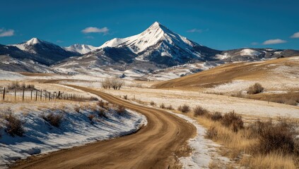 Snowy mountain range and winding road