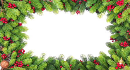 Christmas rectangular frame with red leaves and berries on transparent background png