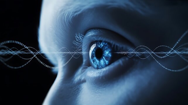 Close up of blue eye with digital binary streams