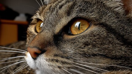 Close-up of a tabby cat's face showing detailed fur and amber eyes with a blurred indoor background