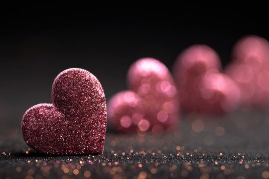 Pink glitter hearts on dark background