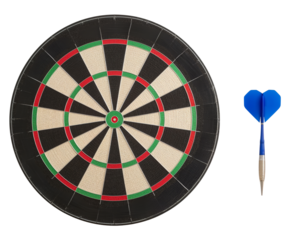 Dartboard with blue dart for target practice and game night fun in the recreation room or sports bar on transparent background