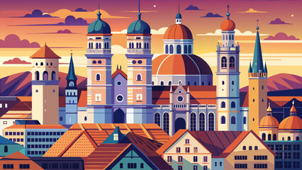Munich Cathedral, known as Liebfrauenkirche, rises proudly in the German skyline. Its iconic twin domes crown the old city, where architectural grace meets history in a semi-realistic vector compositi