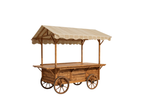Wooden market cart vendor stand for sale outdoor food display vintage style mobile kiosk retail business on transparent background