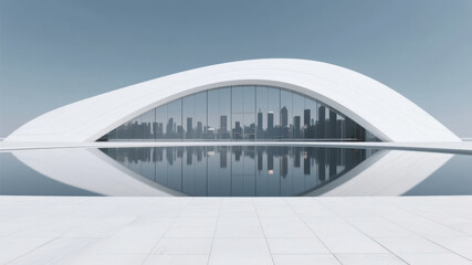 Obraz premium Modern Architectural Structure with Curved Design and Cityscape Reflection