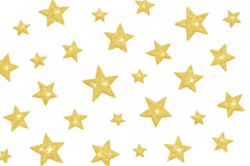 Festive golden glitter stars falling on a transparent background, creating a magical and celebratory atmosphere