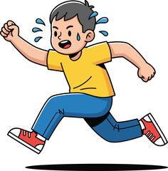 Running Cartoon Boy in Yellow Shirt and Red Sneakers — Expressive Sweat-Droplet Character in Motion for Sports, Humor, and Kids Themes