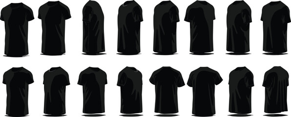 Fototapeta premium T-Shirt Silhouette Set — 16 Black Tees with Blue Outlines in Front, Side, and Back Views for Apparel Design Projects