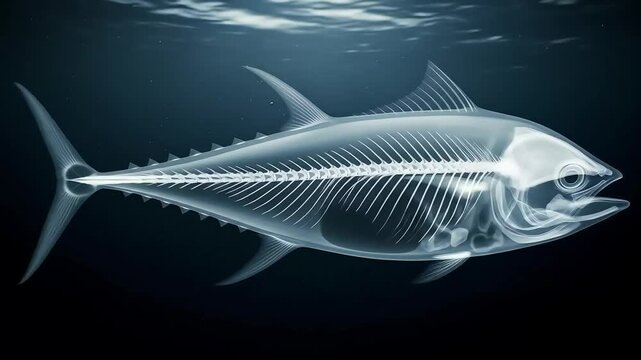 Ethereal XRay Tuna Glides Through Deep Ocean Waters Revealing Its Intricate Skeleton.