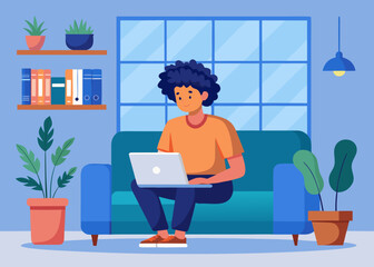 Person working on laptop on couch with plants and bookshelf