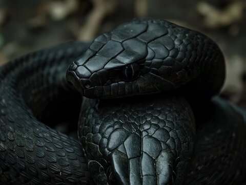 Mysterious Black Mamba Snakes Coiled Together in Serpentine Embrace on a Forest Floor