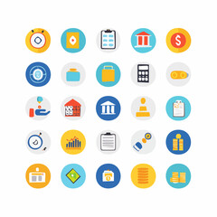 A vibrant collection of real estate house icons. Simple home symbols set in colorful circles for property business branding and web design elements.