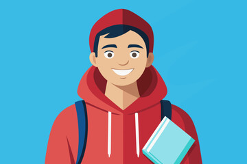 Smiling student with red hoodie and backpack holding a book