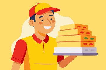 Smiling delivery person holding a stack of pizza boxes