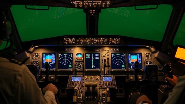 Inside a Boeing 737 cockpit at night, showcasing advanced avionics and navigation systems,A pilot's point of view in a modern airplane simulator with detailed instruments and controls