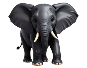 3D cartoon black elephant with white tusks and large ears, standing and facing forward, isolated on white