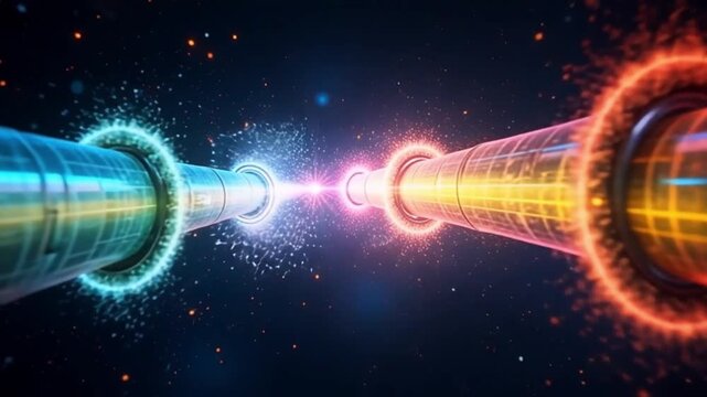 Futuristic energy transfer between glowing conduits in a vibrant digital cosmos, representing data flow and innovation.. AI generative video