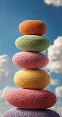 Stacked colorful stones against a blue sky