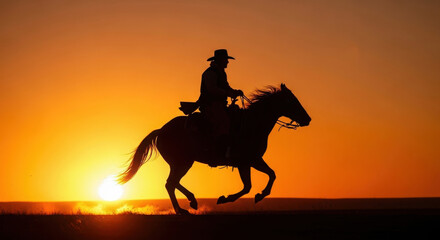 Silhouette of a cowboy riding a horse at sunset