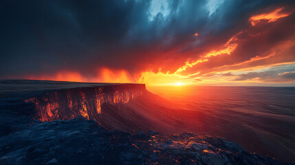 Naklejka premium Dramatic disaster background featuring an intense sunset illuminating a rugged landscape. Cliffs glow orange against dark rocks and ominous clouds. Evokes power and intensity.