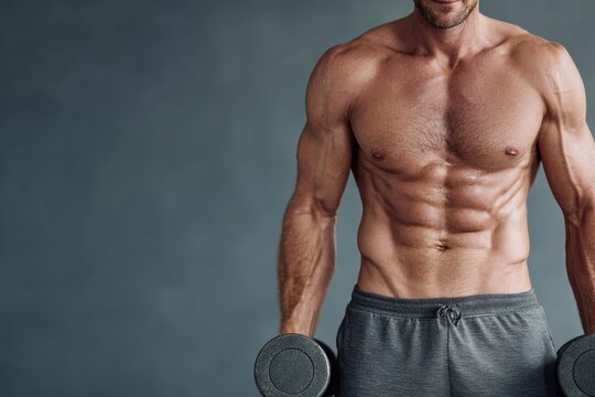 Muscular man with visible abs holding dumbbells against a gray background.