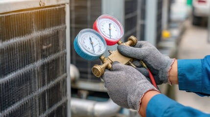Technician's hands, wearing protective gloves, use manifold gauge set to check pressure on outdoor air conditioning unit. Image is perfect for illustrating themes of hvac services, maintenance, repair