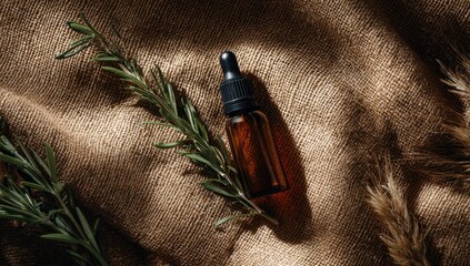 Amber dropper bottle with rosemary on a textured burlap background