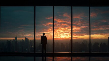 Businessperson’s silhouette framed against a sunrise cityscape through large panoramic windows.