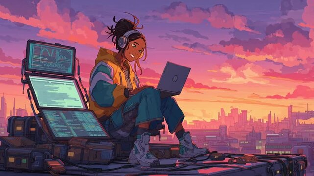 Smiling young female open source developer coding rooftop sunset futuristic monitors, orange purple sky, cyberpunk city casual attire, wind hair, joyful expression, cinematic urban vibe