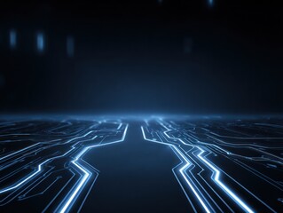 Abstract blue glowing lines on a dark surface suggesting technology or circuits.