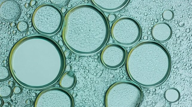 Macro microscope view of green oil bubbles and liquid texture in blue-green background, close-up abstract cosmetic and skincare fluid pattern with golden droplets for beauty and science concepts.