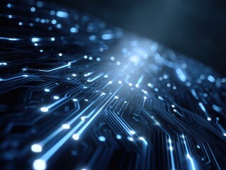 Abstract blue glowing lines suggest technology network connection or circuit board design.