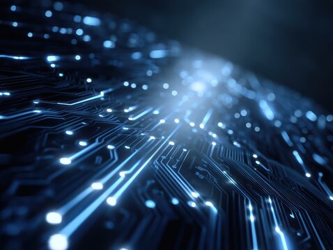 Abstract blue glowing lines suggest technology network connection or circuit board design.