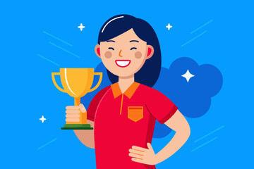 Fototapeta premium Happy woman holding a golden trophy with a big smile
