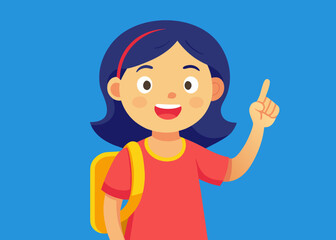 Happy school girl pointing up with backpack