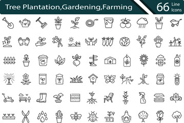 Tree Plantation, Gardening and Farming Line Icons – Tools, Plants, and Eco Garden Elements.