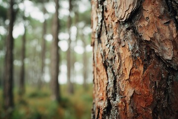 Obraz premium Close-up of pine tree bark, blurred forest background