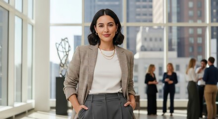 Confident Female Executive in Plaid Blazer Smiles in a Bright, Modern Office Atrium