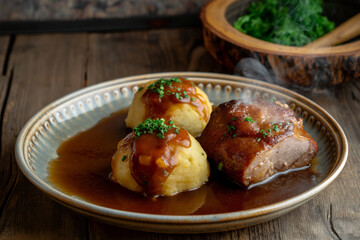traditional German food: Knödel (bread or potato dumplings) served with roasted Spanferkel (suckling pig) on a plate. Hearty meal from Bavarian cuisine. This image was created using generative AI tech