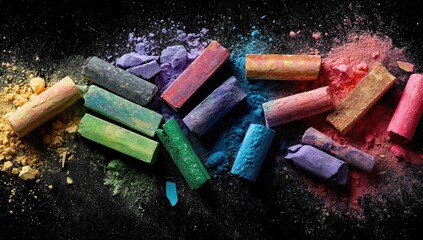 Colorful chalk pieces scattered on black background (1)