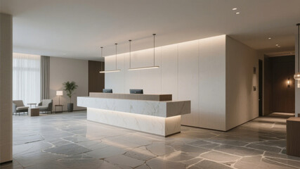 Modern minimalist reception area with sleek design and natural light