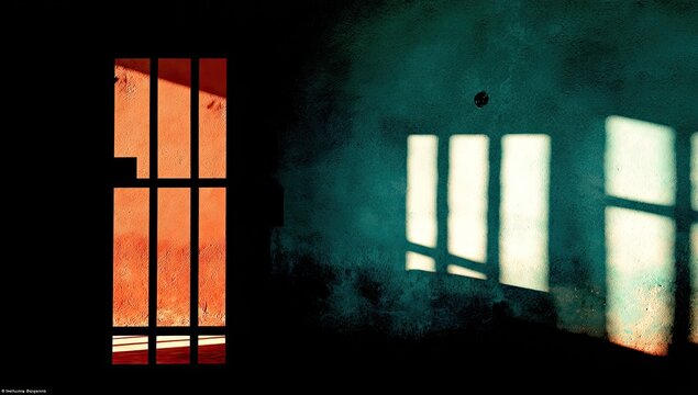 Inner shadows, two walls,?sunlight through barred window