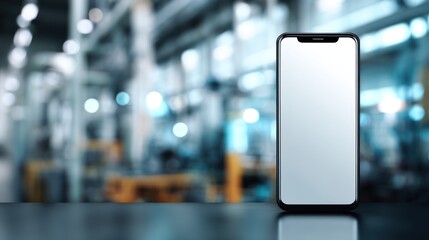 Smartphone with blank screen stands in a blurred industrial factory setting.