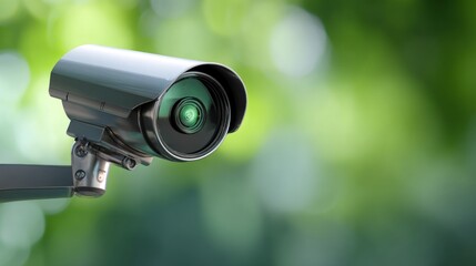 Security camera mounted outdoors with blurred green foliage background.