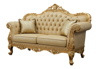 Luxurious cream and gold sofa with pillows on transparent background